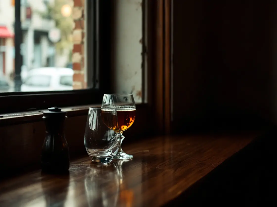 A quiet bar counter with two glasses