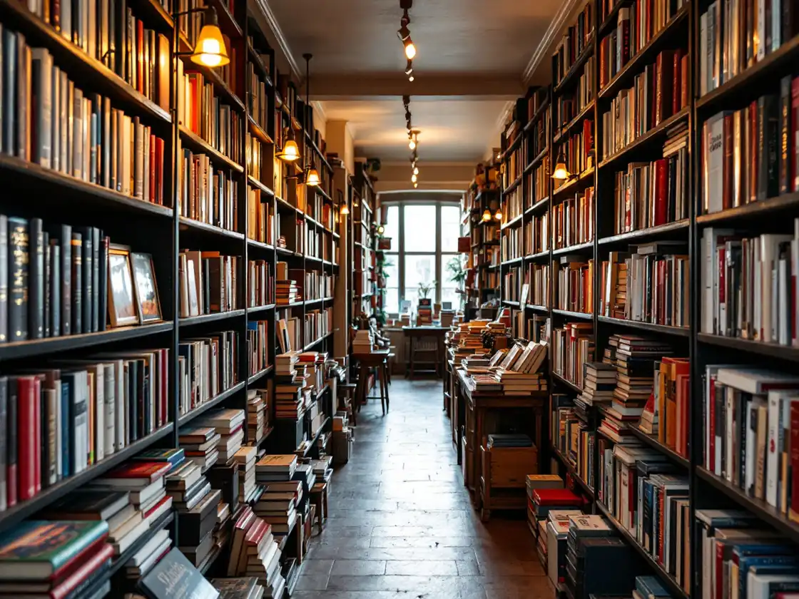 A narrow bookshop aisle with warm lamps