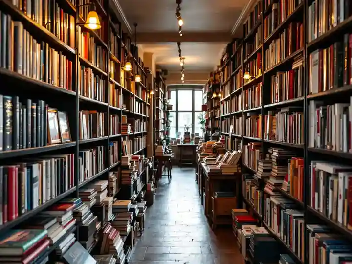 A narrow bookshop aisle with warm lamps