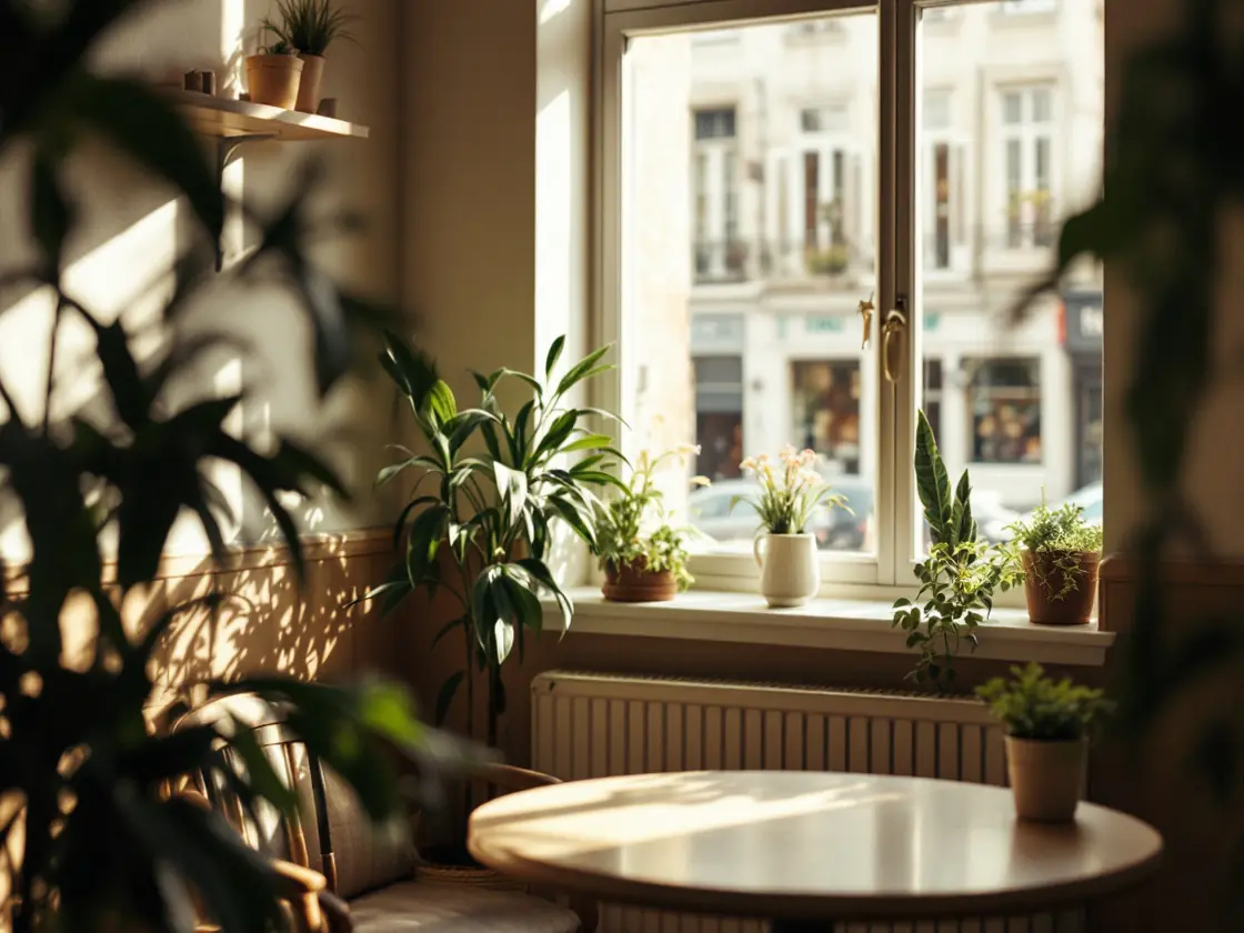 A bright cafe table by a large window