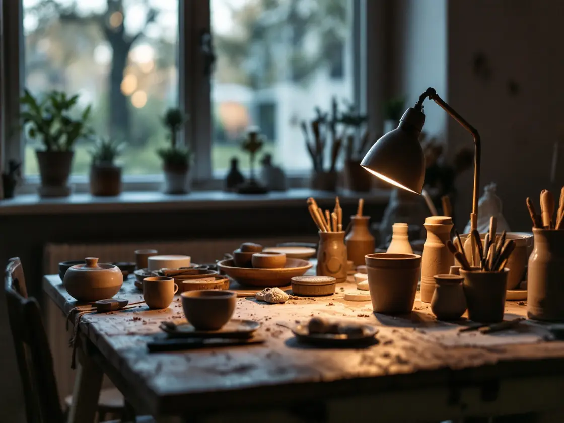 An evening class table with tools and clay