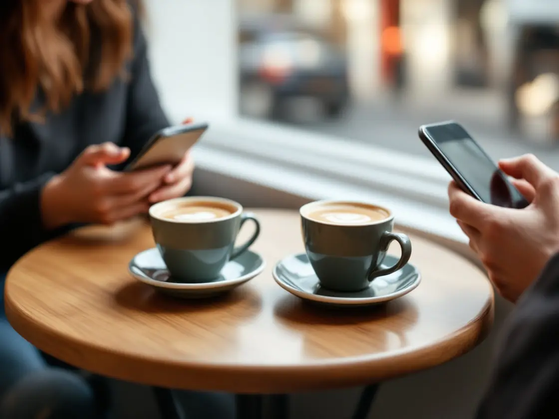 Two coffee cups on a cafe table in warm daylight