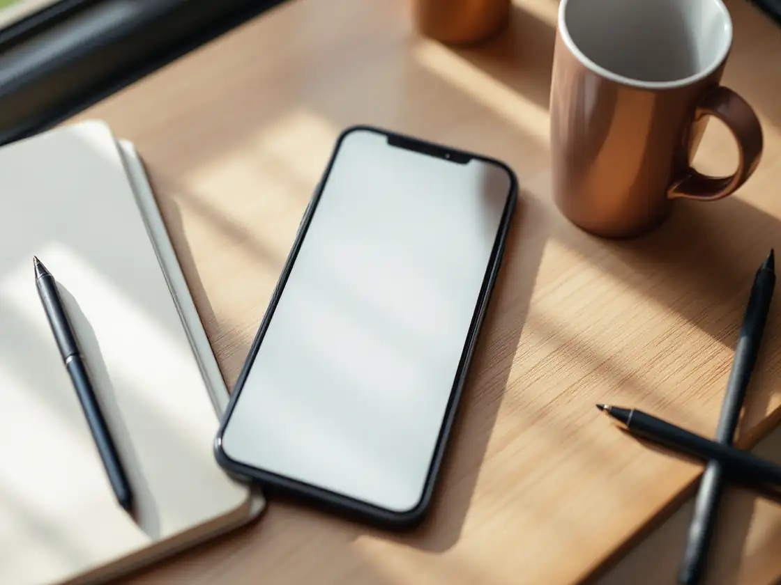 A phone and notebook on a tidy desk in daylight