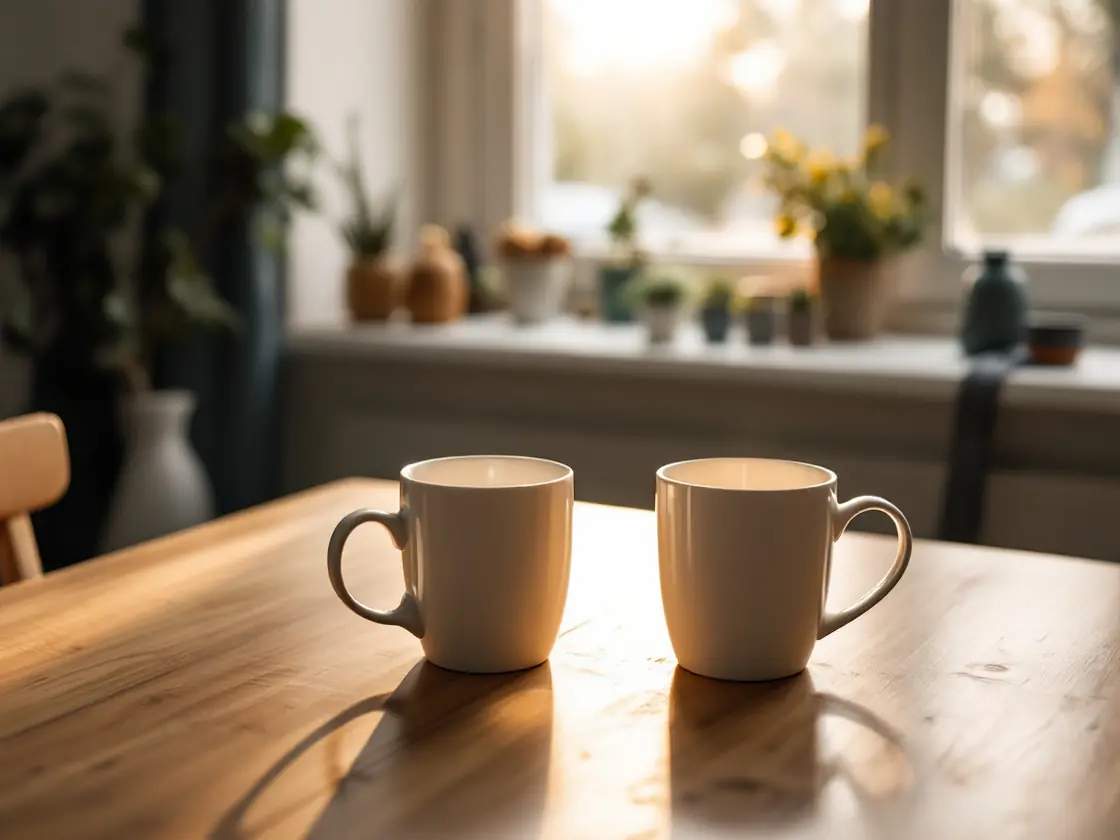A kitchen table with two mugs in morning light