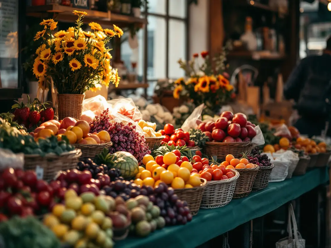 A morning market stall with flowers