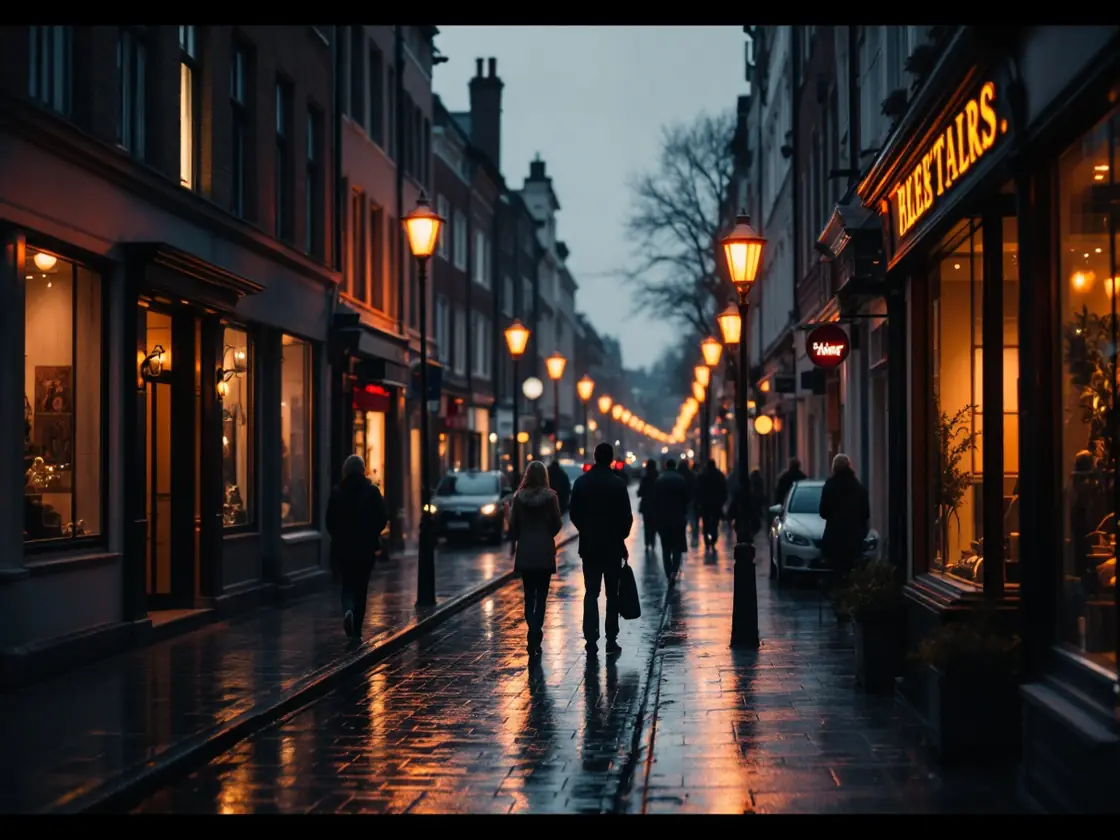 A calm city street at dusk