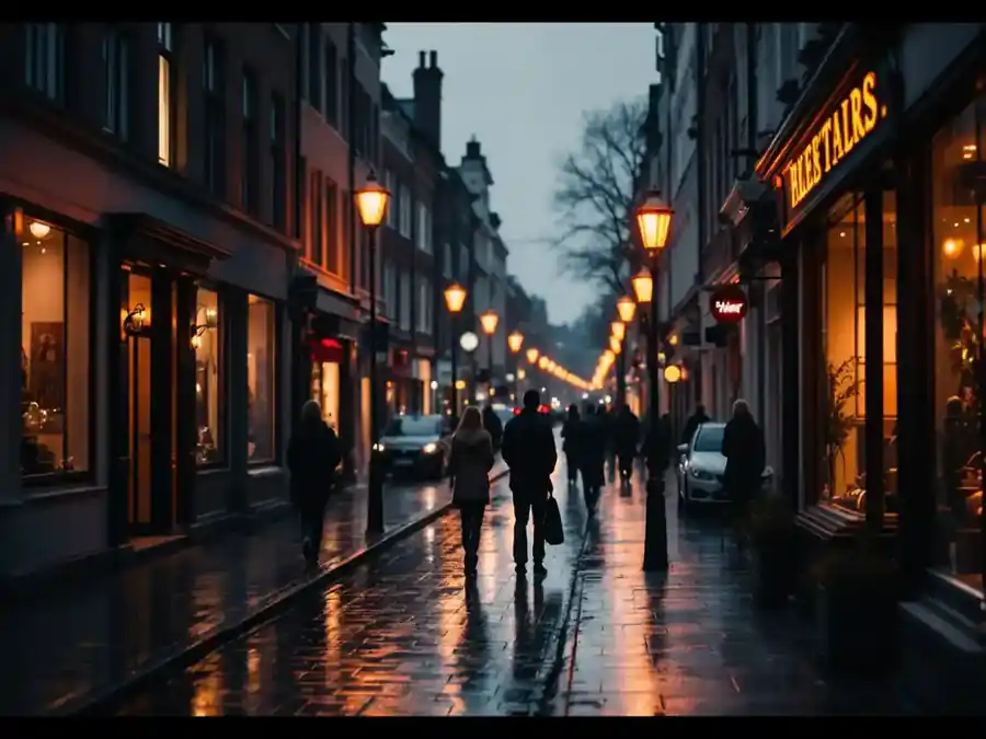 A calm city street at dusk